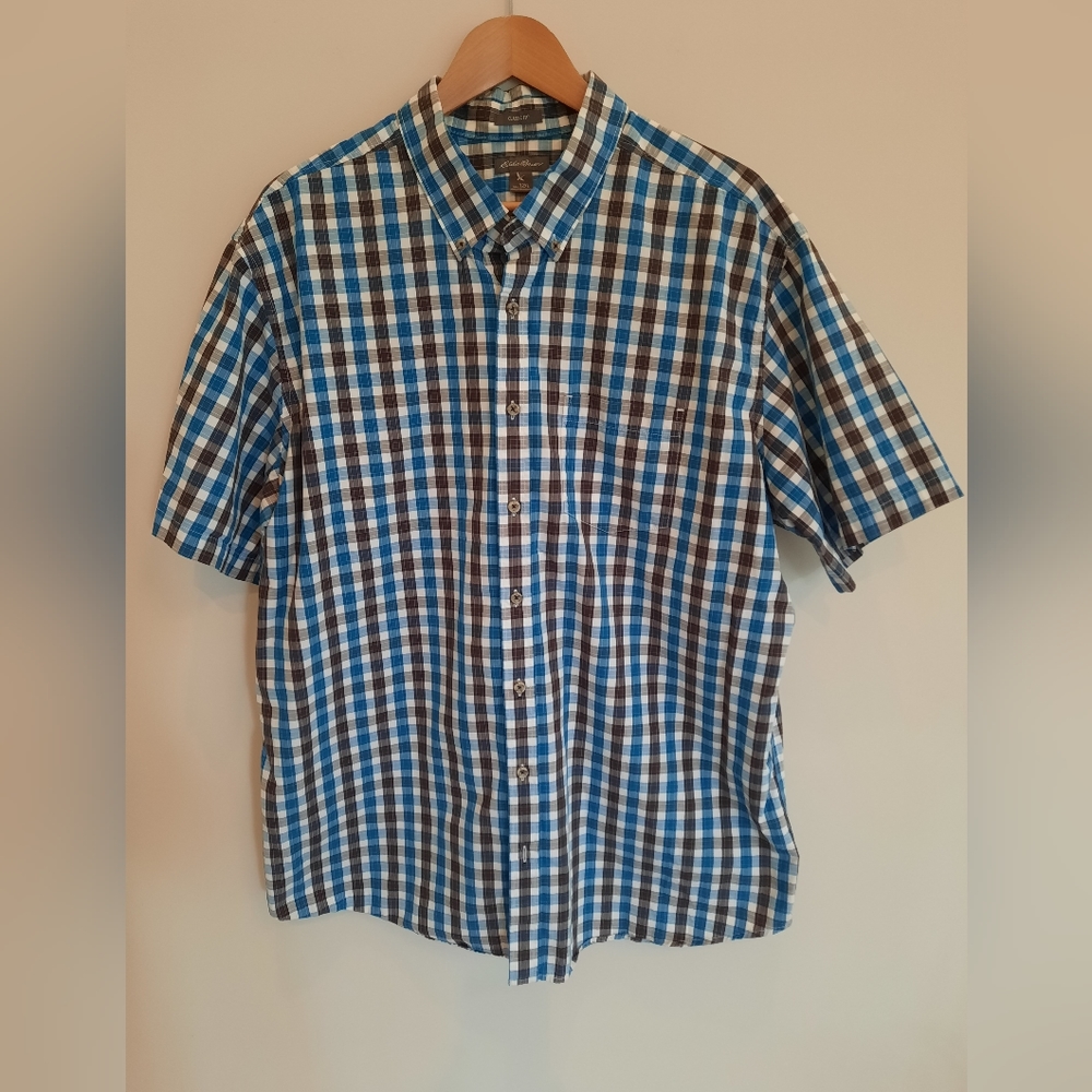 Eddie Bauer Men's Blue/Black Plaid Short Sleeve Shirt,Button Down Sz T2XL (Tall)